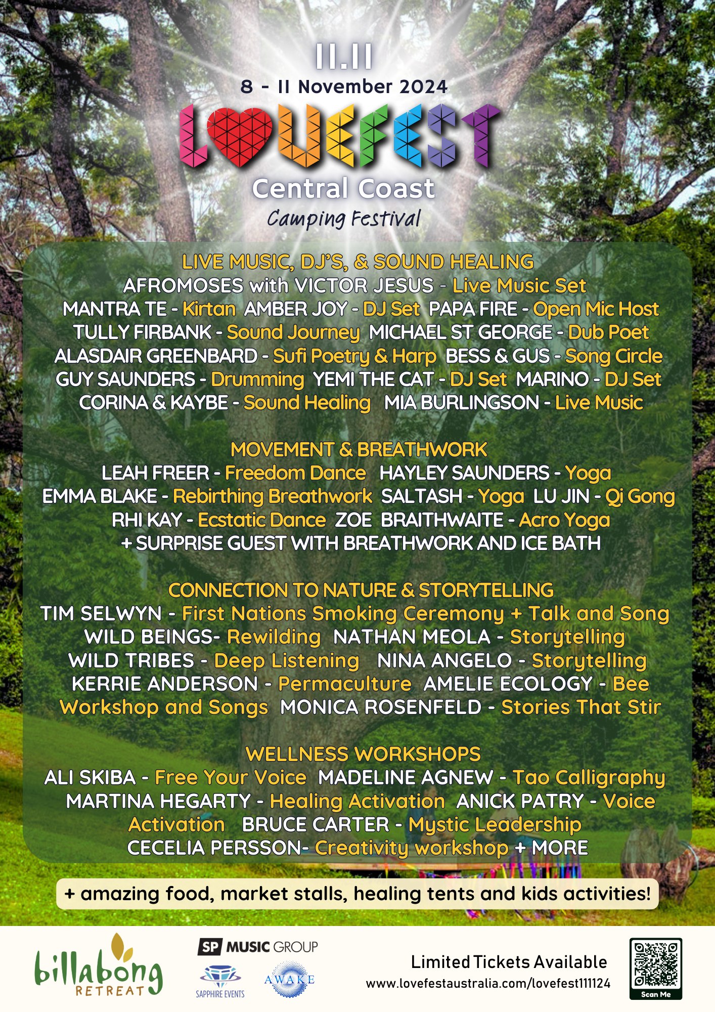 Poster for the Lovefest 2024 event on the Central Coast listing Live Music, DJ's. sound healing, movement and breathwork, connection to nature, storytelling, wellness workshops.